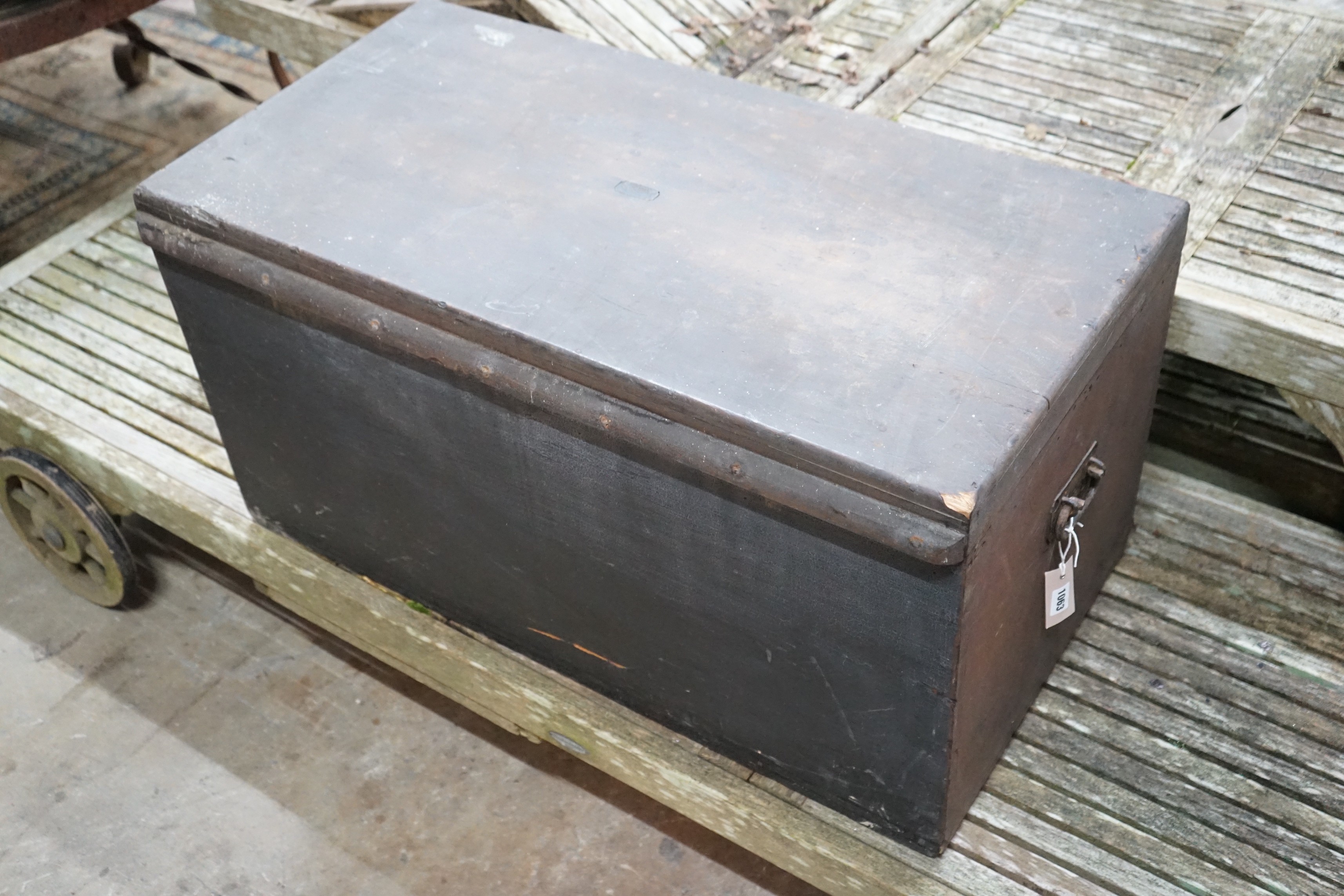 A Victorian pine trunk, length 91cm, depth 47cm, height 47cm